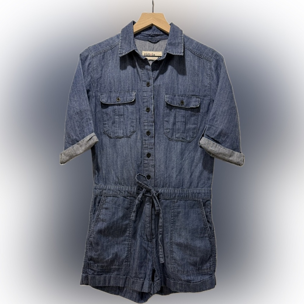 Pistola Denim Romper XS Button Front Tie Waist Chambray